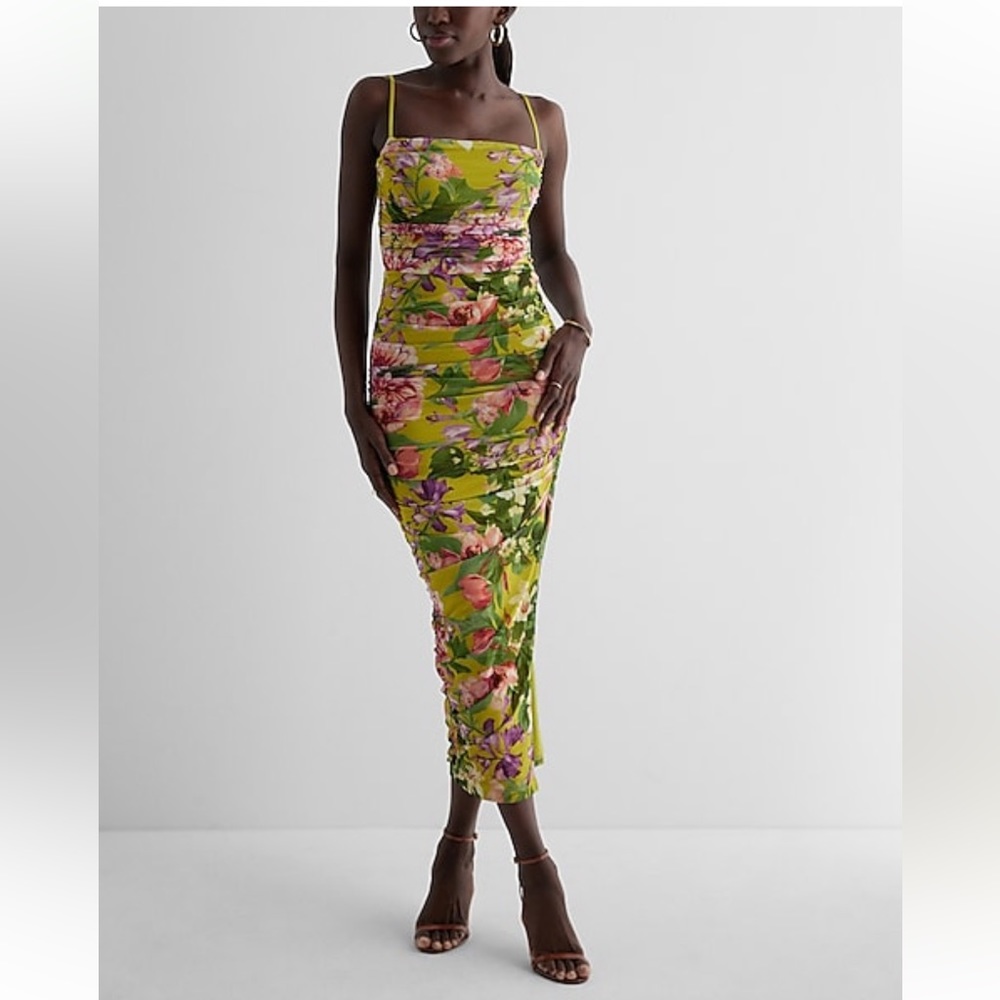 Body contour Floral mesh ruched side slit midi dress